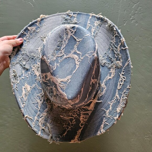 Vintage Style Distressed Denim Cowboy Wide Brim Fedora Hat Women Western *Firm* - Picture 4 of 4